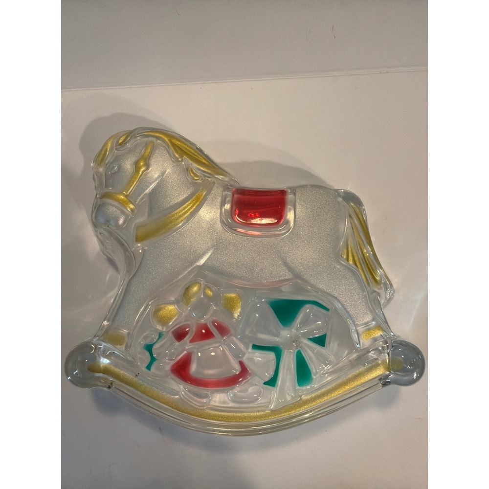 Vintage Christmas Rocking Horse Glass Candy Dish Gold Red Green Holiday Decor